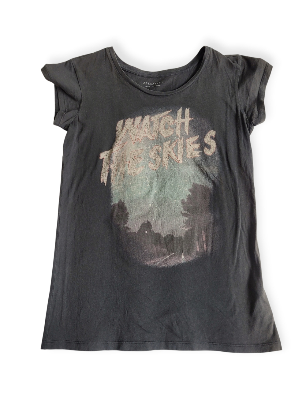 All Saints Watch The Skies Graphic Short Sleeve Baby Tee Black Small